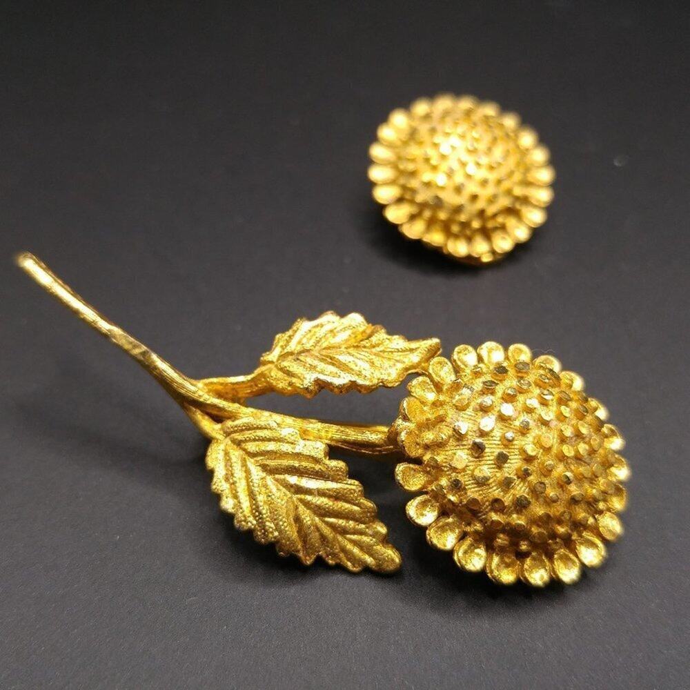 Vintage Gold Plated Textured Flower Brooch, Single Clip Earring, Mid-Century